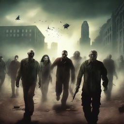 Create a thrilling zombie film poster featuring a horde of zombies approaching a group of survivors