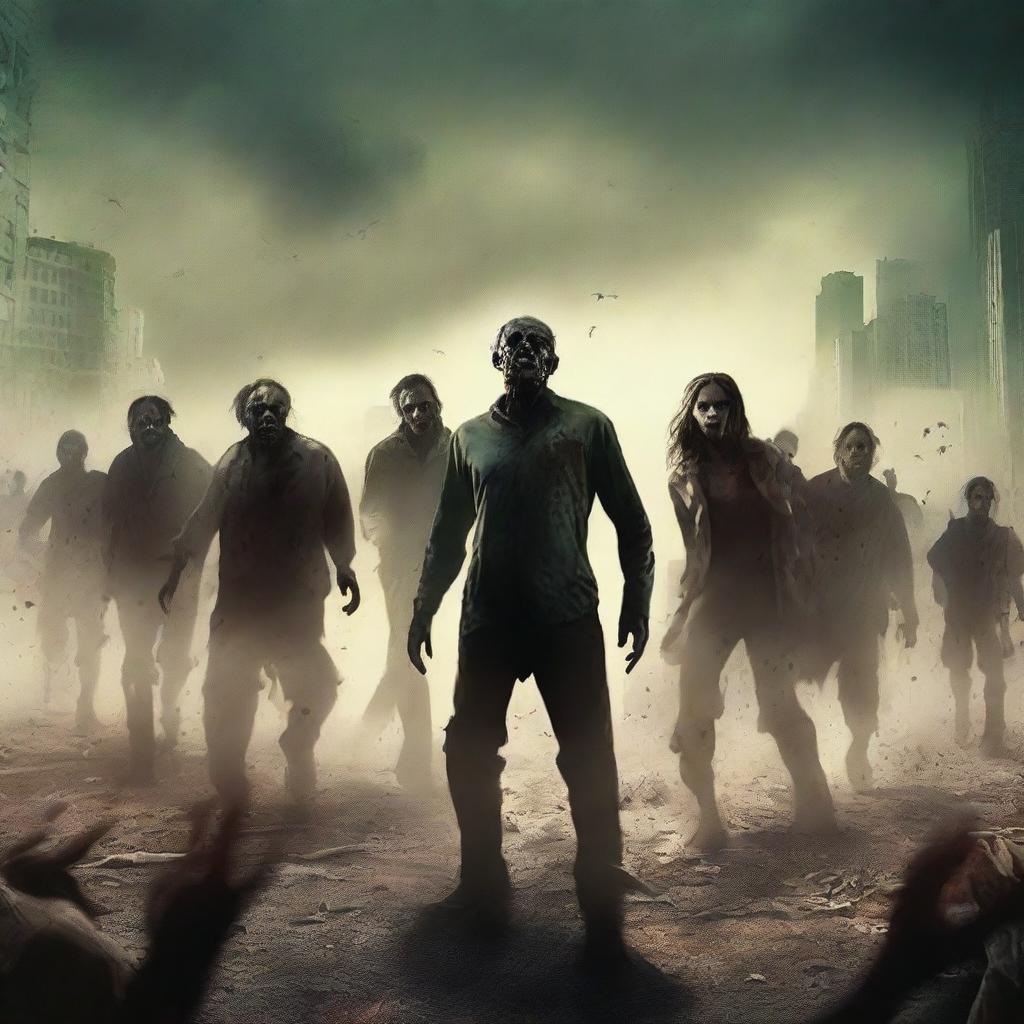 Create a thrilling zombie film poster featuring a horde of zombies approaching a group of survivors