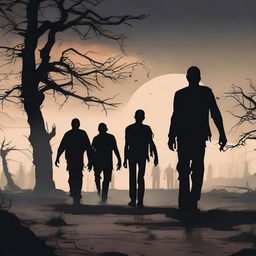 Create an image of zombies walking through a desolate, eerie landscape