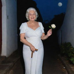 An elderly pomba gira with white hair and blue eyes, dressed in a white gown. Carrying a thin cigar and a practice leke, with a white rose behind her ear. Strolling on a dark street, lit solely by a full moon, heading towards an old colonial-style church. She sings gently while smiling.