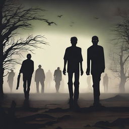 Create an image of zombies walking through a desolate, eerie landscape