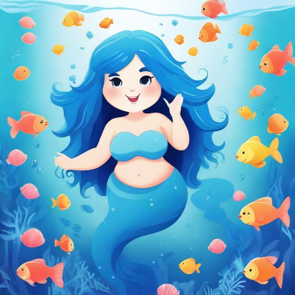 Create an image of a chubby mermaid with flowing blue hair