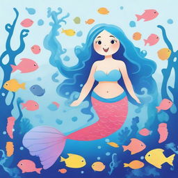 Create an image of a chubby mermaid with flowing blue hair