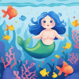 Create an image of a chubby mermaid with flowing blue hair