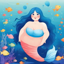 Create an image of a chubby mermaid with flowing blue hair