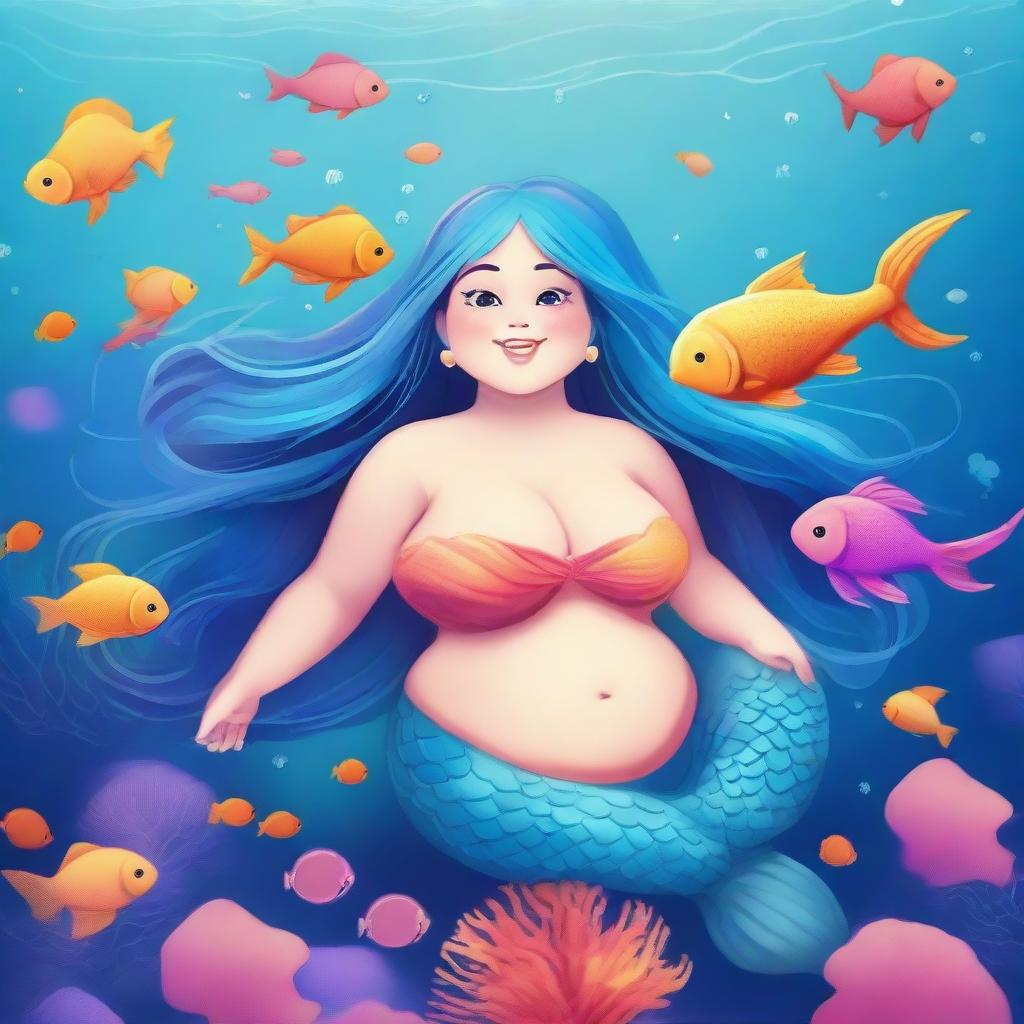 Create an image of a chubby fantasy mermaid with flowing blue hair