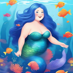 Create an image of a chubby fantasy mermaid with flowing blue hair