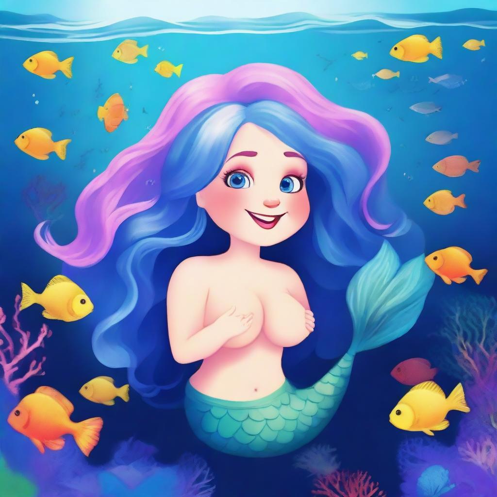 Create an image of a chubby fantasy mermaid with flowing blue hair