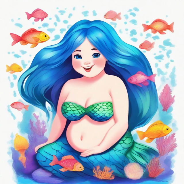 Create an image of a chubby fantasy mermaid with shoulder-length blue hair