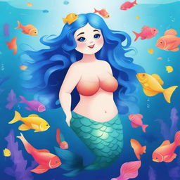 Create an image of a chubby fantasy mermaid with shoulder-length blue hair