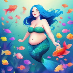 Create an image of a chubby fantasy mermaid with shoulder-length blue hair