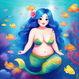 Create an image of a chubby fantasy mermaid with shoulder-length blue hair