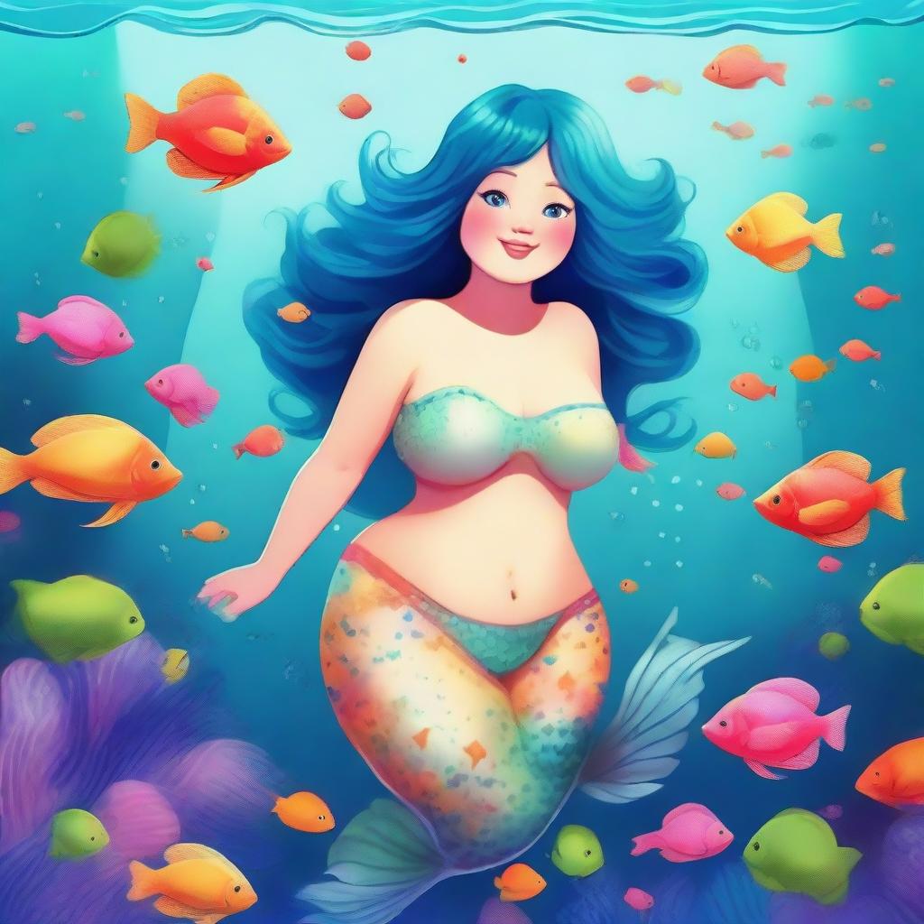 Create an image of a chubby fantasy mermaid with short-length blue hair