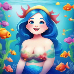 Create an image of a chubby fantasy mermaid with short-length blue hair