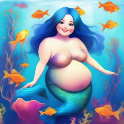 Create an image of a chubby fantasy mermaid with short-length blue hair