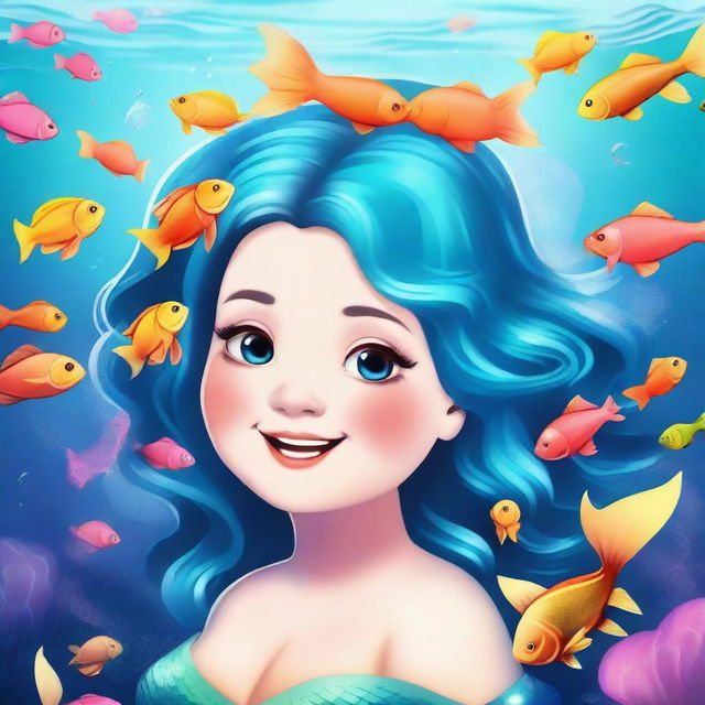 Create an image of a chubby fantasy mermaid with short-length blue hair