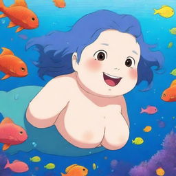 Create an image of a chubby anime mermaid with short-length blue hair