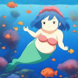 Create an image of a chubby anime mermaid with short-length blue hair