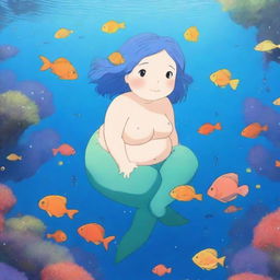 Create an image of a chubby anime mermaid with short-length blue hair