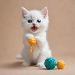 An adorable kitten engaged in various silly activities like playing with yarn balls, chasing its own tail, and attempting to catch a fluttering butterfly.