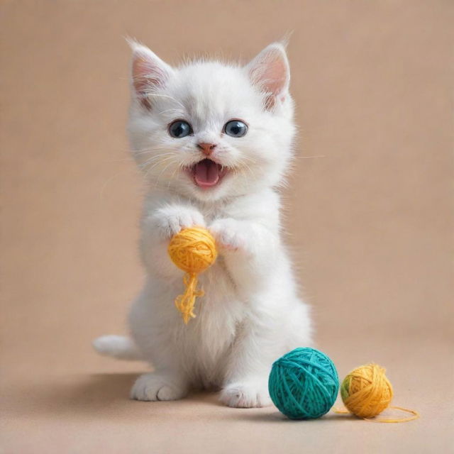 An adorable kitten engaged in various silly activities like playing with yarn balls, chasing its own tail, and attempting to catch a fluttering butterfly.