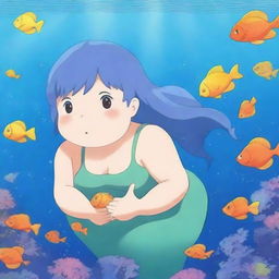 Create an image of a chubby anime mermaid with short-length blue hair