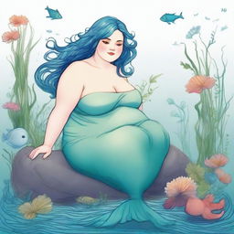 Create an image of a chubby mermaid with short-length blue hair in the style of Pre-Raphaelite art