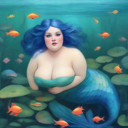 Create an image of a chubby mermaid with short-length blue hair in the style of Pre-Raphaelite art