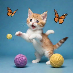 An adorable kitten engaged in various silly activities like playing with yarn balls, chasing its own tail, and attempting to catch a fluttering butterfly.