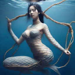 Create an image of a mermaid in a shibari pose