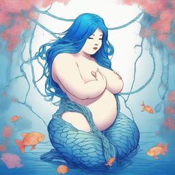 Create an image of a chubby mermaid with blue hair in a shibari pose