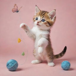 An adorable kitten engaged in various silly activities like playing with yarn balls, chasing its own tail, and attempting to catch a fluttering butterfly.