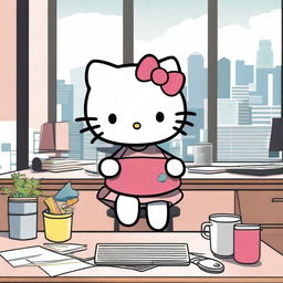 A cute and cheerful Hello Kitty character working in a modern office setting