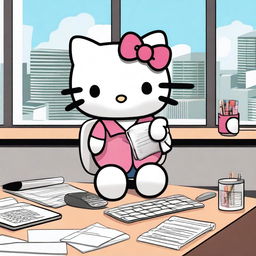 A cute and cheerful Hello Kitty character working in a modern office setting