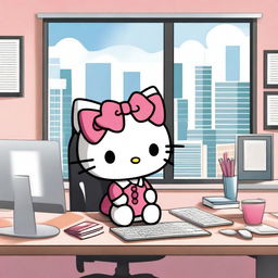 A cute and cheerful Hello Kitty character working in a modern office setting