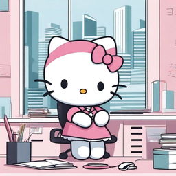 A cute and cheerful Hello Kitty character working in a modern office setting