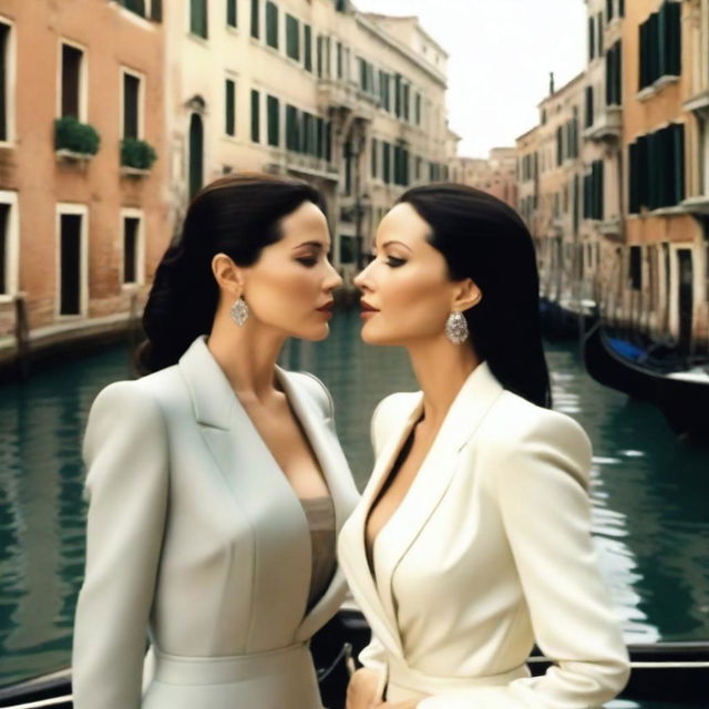 Monica Bellucci, dressed in a stylish suit, and Angelina Jolie, standing together in Venice