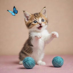 An adorable kitten engaged in various silly activities like playing with yarn balls, chasing its own tail, and attempting to catch a fluttering butterfly.