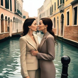 Monica Bellucci, dressed in a stylish suit, and Angelina Jolie, standing together in Venice