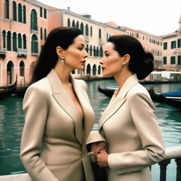 Monica Bellucci, dressed in a stylish suit, and Angelina Jolie, standing together in Venice