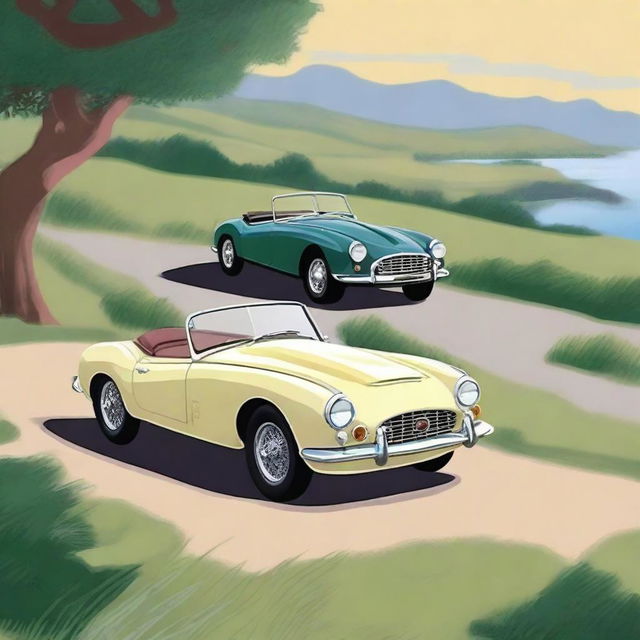 Create a cover page featuring a classic Triumph TR3 and a Jaguar E-Type