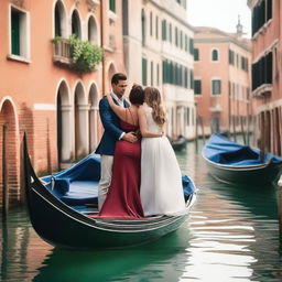 A distant view of two beautiful and elegant women who are in love, set in the romantic city of Venice