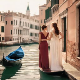 A distant view of two beautiful and elegant women who are in love, set in the romantic city of Venice