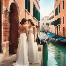 A distant view of two beautiful and elegant women who are in love, set in the romantic city of Venice