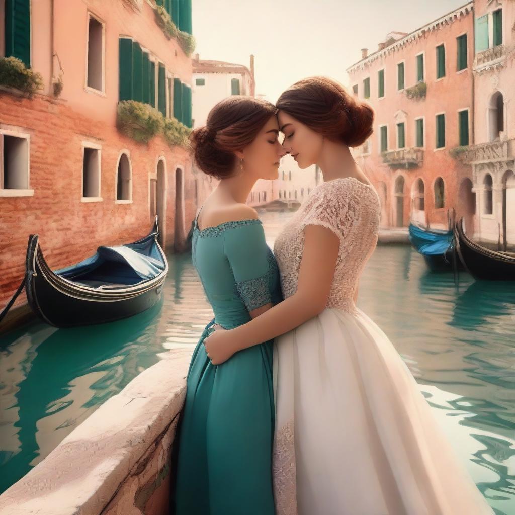 A romantic illustration featuring two beautiful women in love, set against the picturesque backdrop of Venice