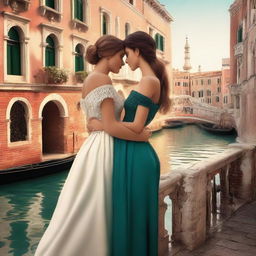 A romantic illustration featuring two beautiful women in love, set against the picturesque backdrop of Venice