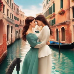 A romantic illustration featuring two beautiful women in love, set against the picturesque backdrop of Venice