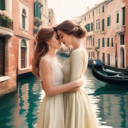 A romantic illustration featuring two beautiful women in love, set against the picturesque backdrop of Venice