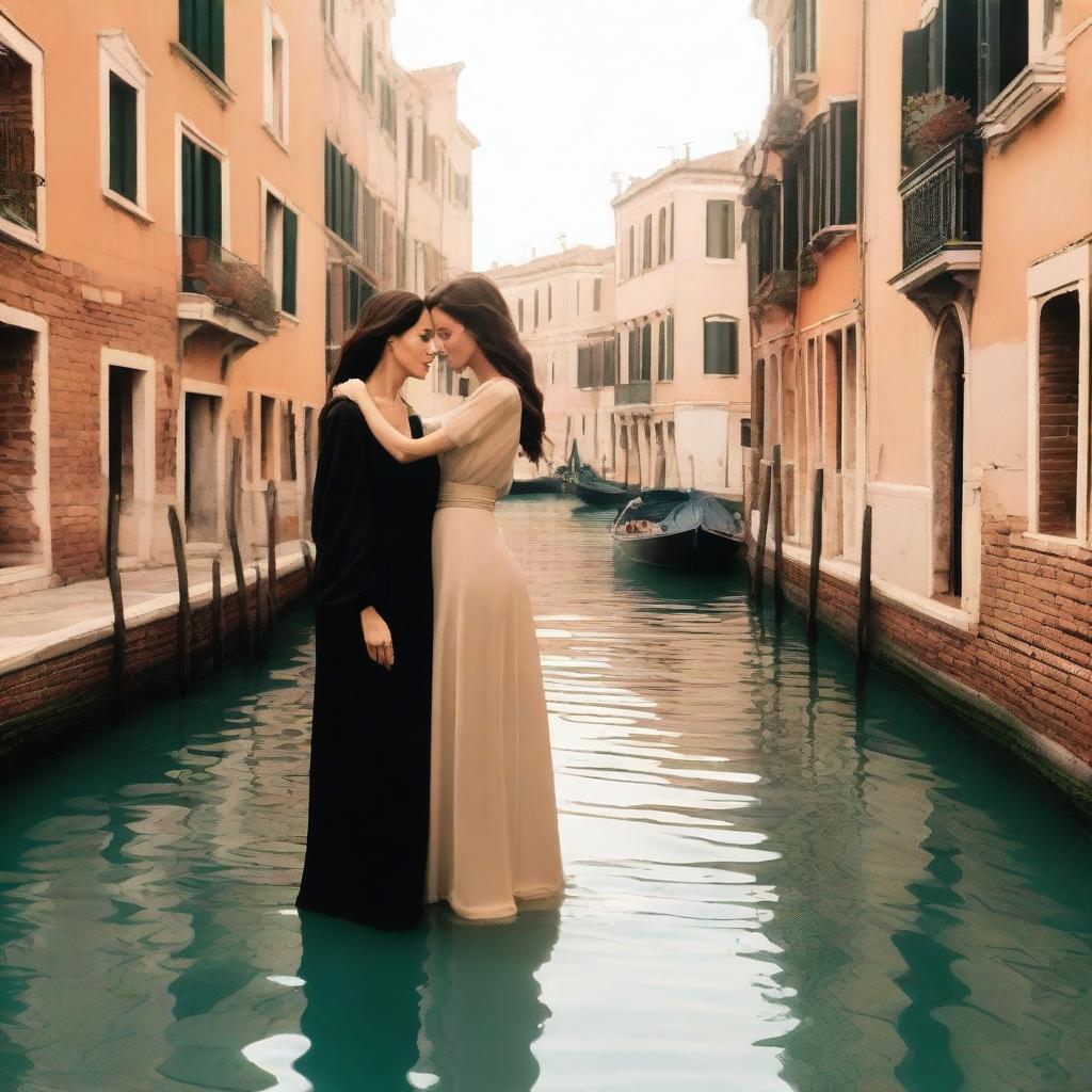 A romantic scene featuring Angelina Jolie and Monica Bellucci in Venice