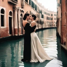 A romantic scene featuring Angelina Jolie and Monica Bellucci in Venice